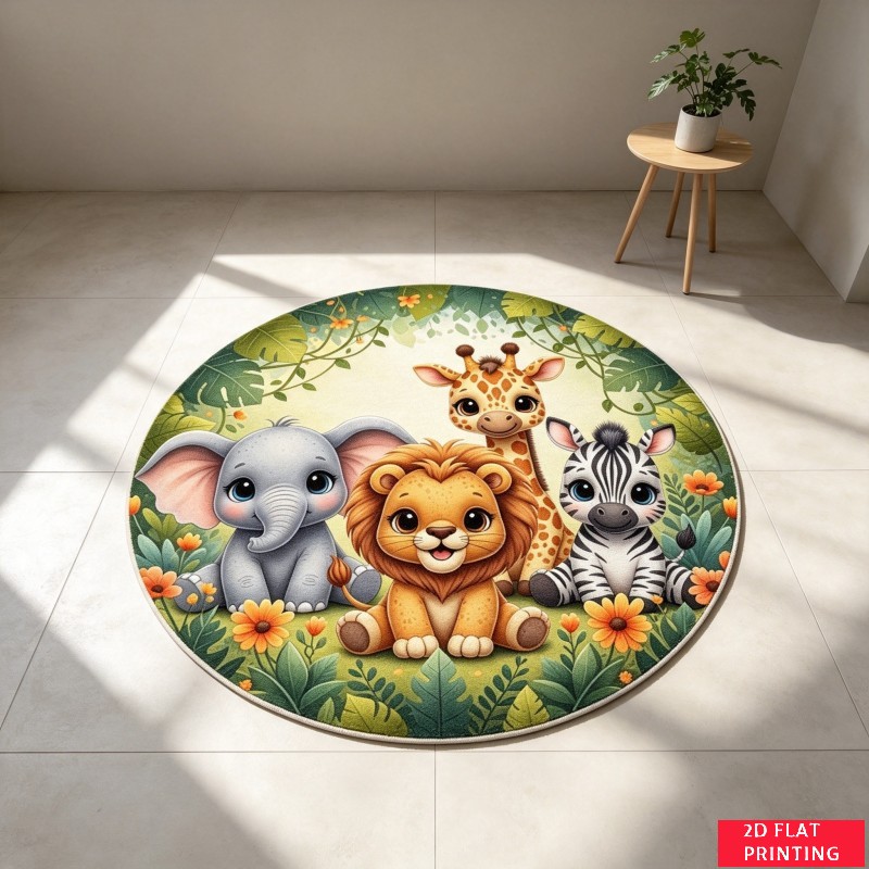 Baby Nursery Jungle Rug - سجادة دائرية بتصميم حيوانات الغابة الصغيرة
