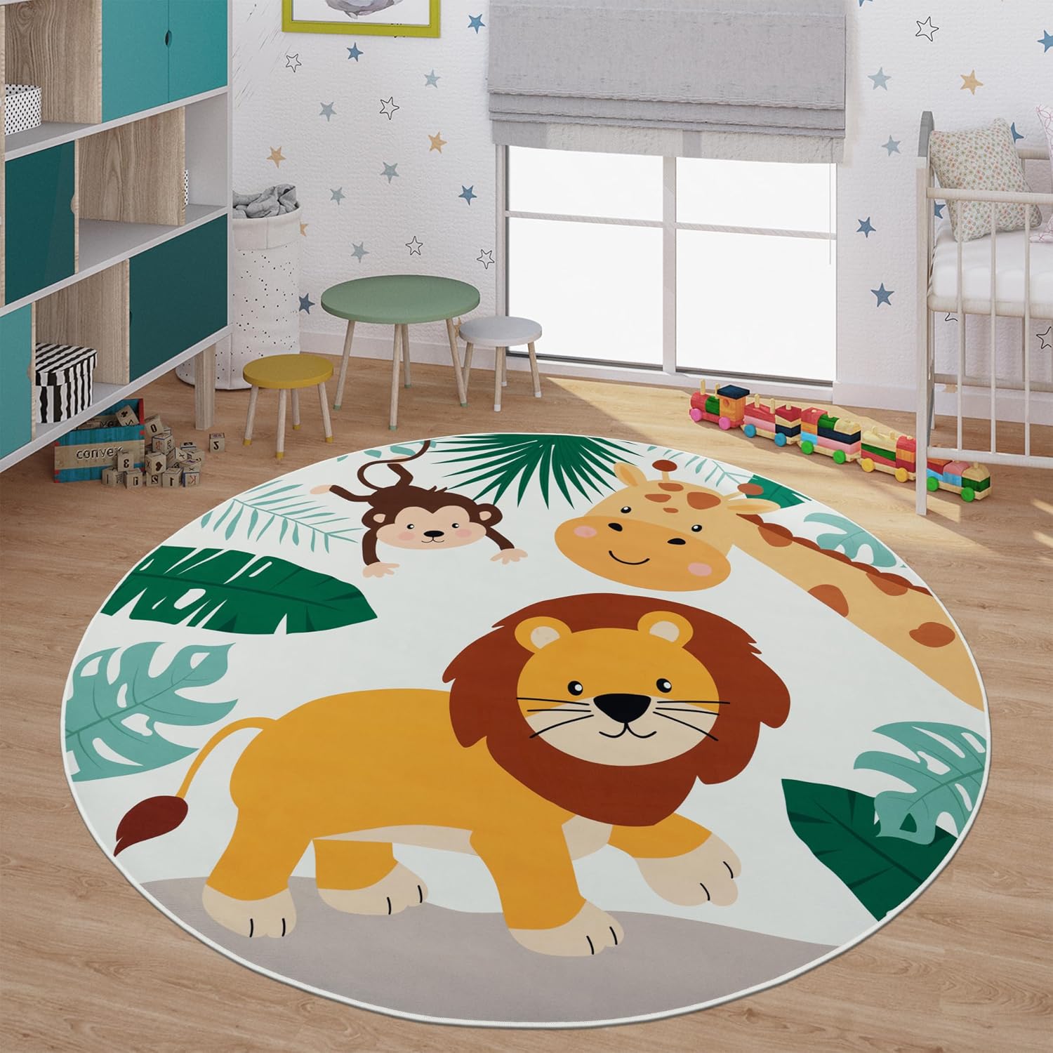 Baby Nursery Jungle Rug - سجادة لعب ناعمة مستديرة للأطفال بطبعة