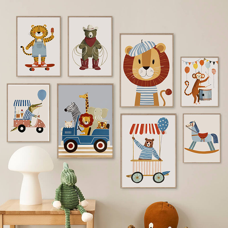 Baby Nursery Design - لوحات فنية كرتونية مضحكة لحيوانات وسيارات