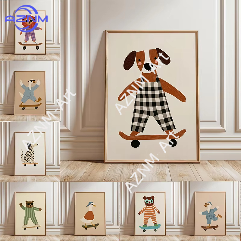 Baby Nursery Design - لوحة فنية مضحكة لحيوانات تمارس التزلج،
